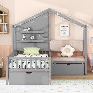 Twin Size House Bed with Upholstered Sofa