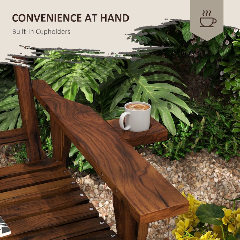 Wood Outdoor Bench, 2-Person Garden Bench With Cupholder Armrests - Black Brown