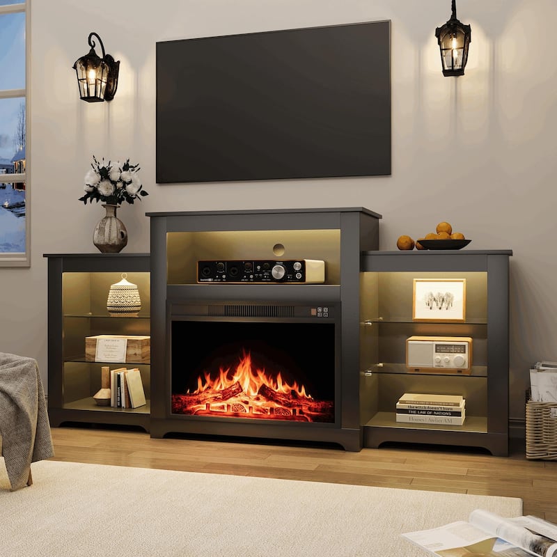 32" H Fireplace TV Stand, 55/70 Inch Media Console for TVs up to 80", Remote, Storage & LED Lights
