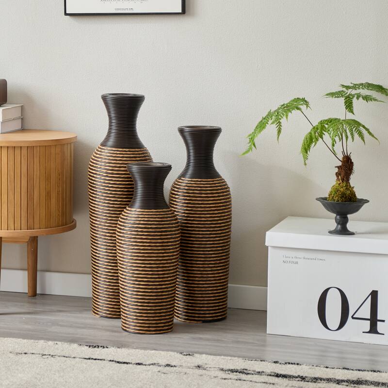3-Piece Set Decorative Floor Vases, Floor Vases With High Independent Flower Racks, Artificial Vine Vases, Pvc Floor Vases - Beige+Black