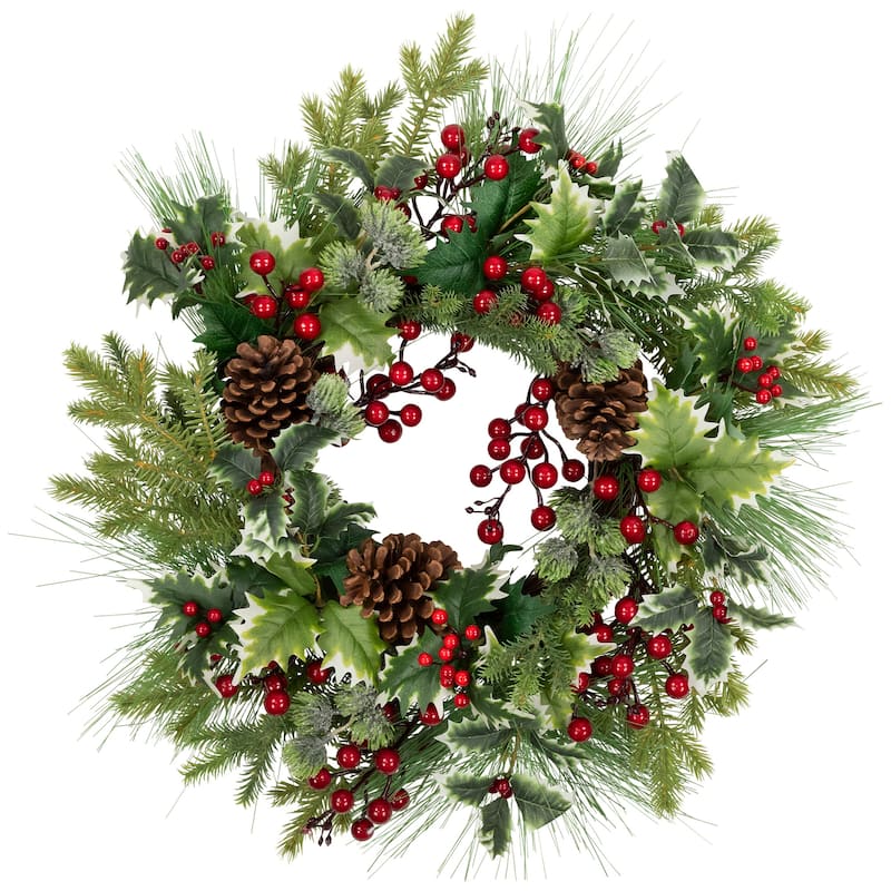 Holly Berries, Frosted Thistle Pine Artificial Christmas Wreath 24"
