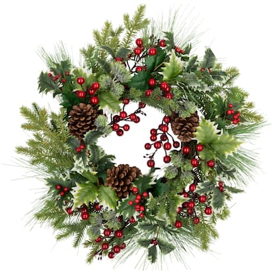 Holly Berries, Frosted Thistle Pine Artificial Christmas Wreath 24"