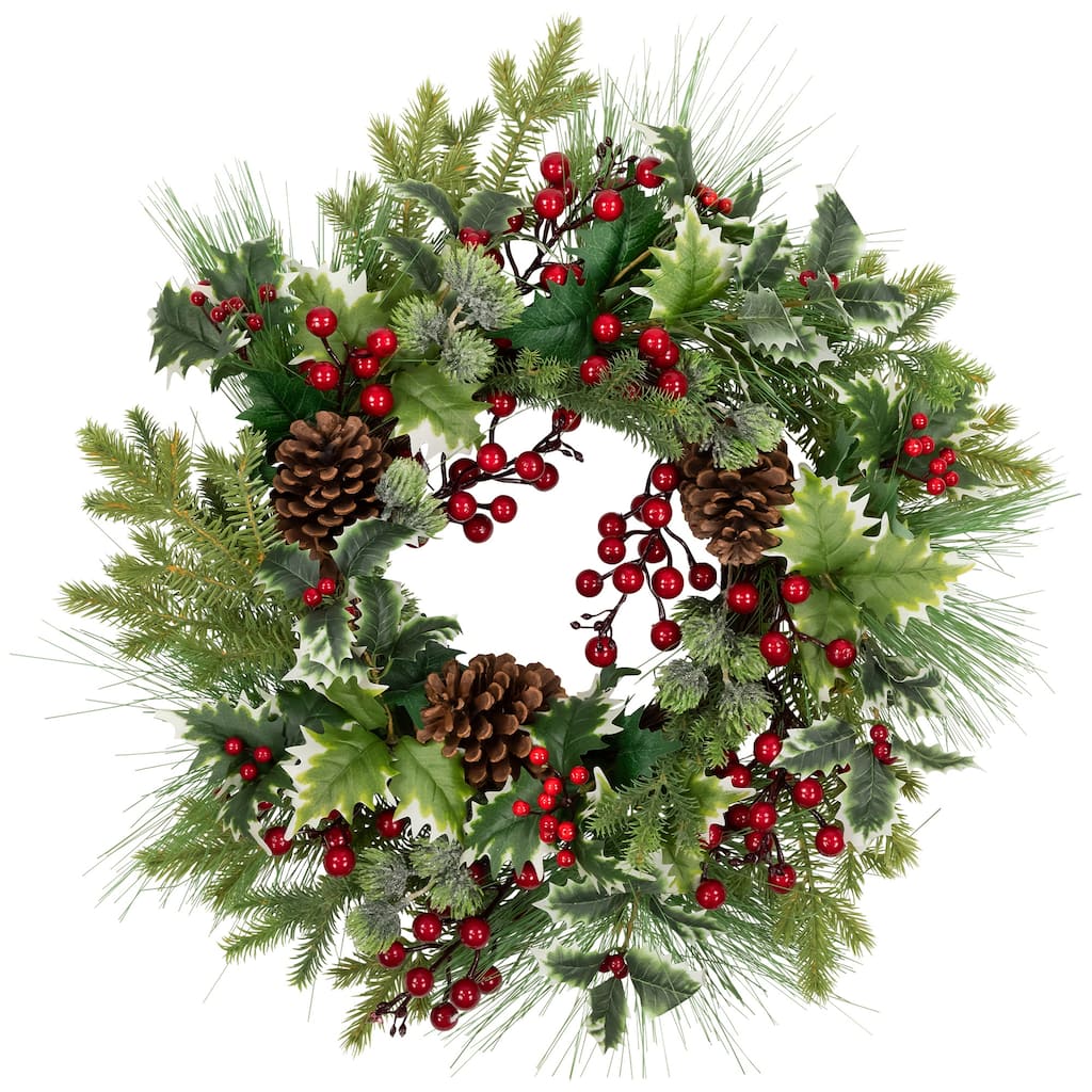 Holly Berries, Frosted Thistle Pine Artificial Christmas Wreath 24"