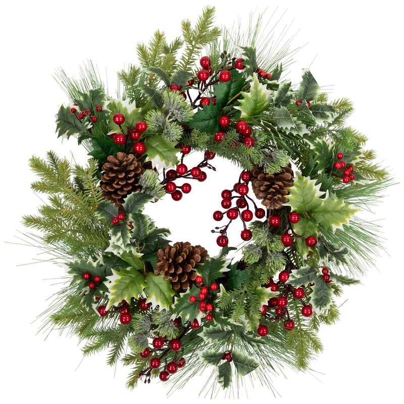 Holly and Berries Frosted Thistle and Pine Artificial Christmas Wreath - 24" - Unlit