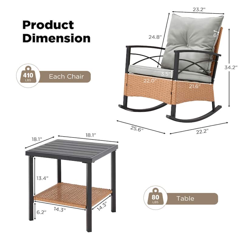 3-Piece Outdoor Rocking/Swivel Chair Set - PE Rattan Patio Furniture with Cushions & Coffee Table, Rocker Chairs for Backyard