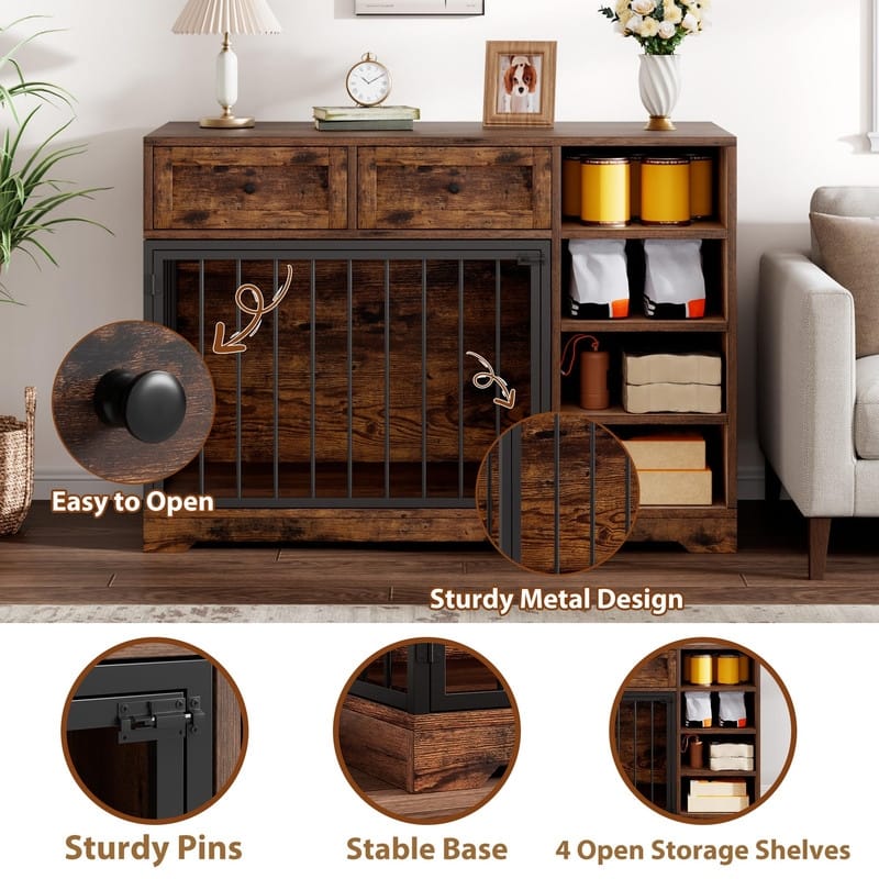 Wooden Dog Cage Furniture Indoor Crate Kennel TV Stand with Drawers Shelves