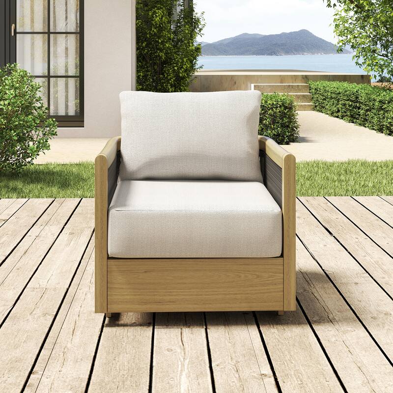 Overture 1-Piece Natural Wood Grain Aluminum Hand-Woven Rope Patio Sofa Chair with Beige Cushions