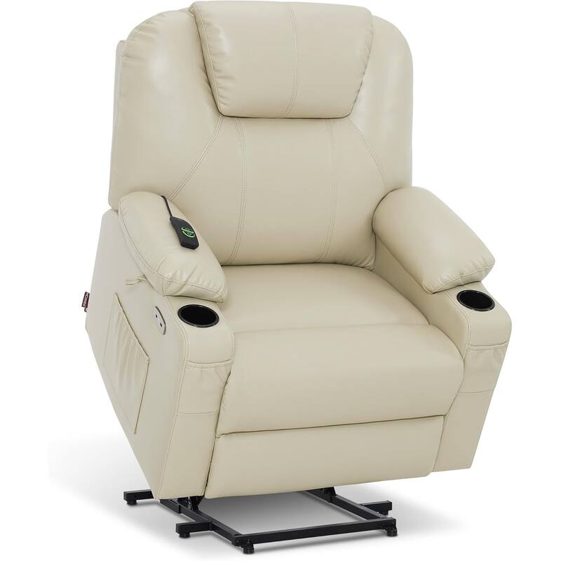 MCombo Medium-Wide Power Lift Recliner Chair Sofa with Massage and Heat for Elderly People, Faux Leather R7045 - Cream White