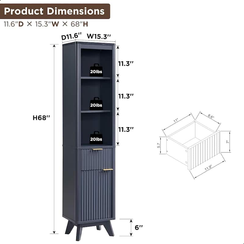68" Tall Bathroom Narrow Storage Cabinet with Faux Marble Top