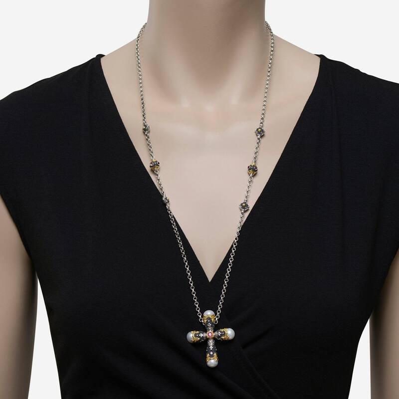 Konstantino Nemesis Sterling Silver & 18K Yellow Gold, Tourmaline & Pearl Cross Necklace - 13.5"
