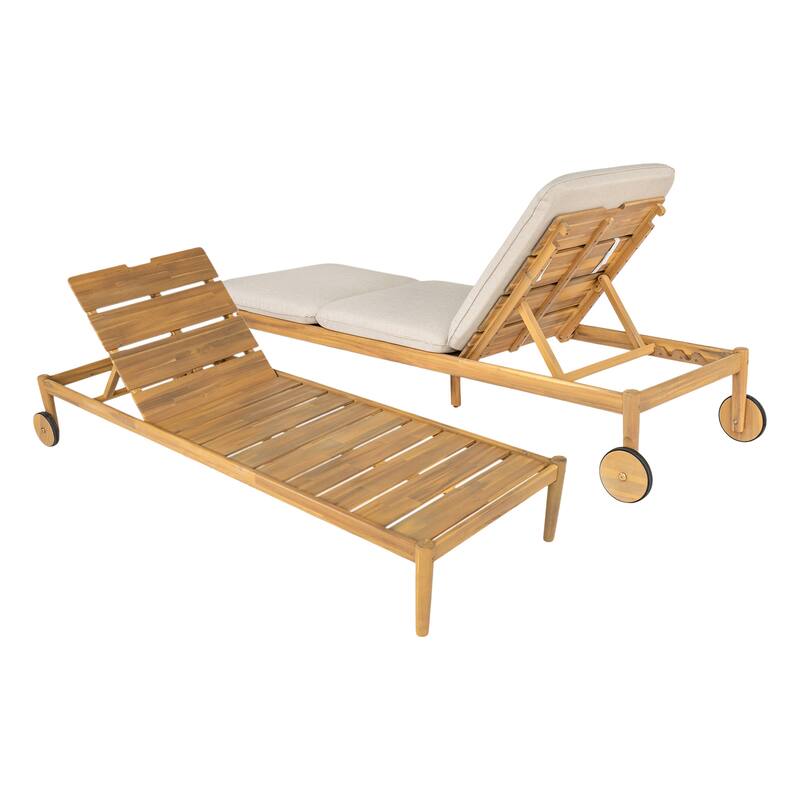 Roomfitters Riviera Outdoor Acacia Wood Chaise Lounge with Wheels and Cushion, Teak Finish Set of 2