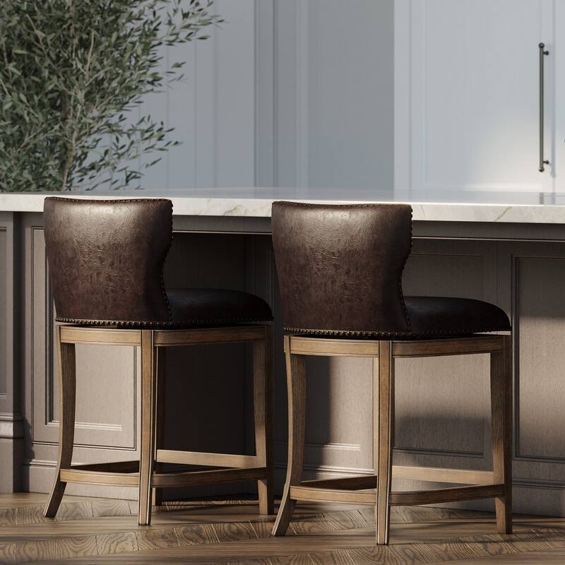 Maven Lane Hugo Kitchen Stool - Walnut Vegan Leather - Counter Height