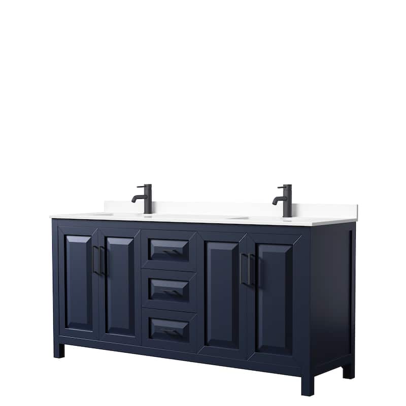 Daria 72 Inch Double Vanity, Cultured Marble Top - Dark Blue, Black Trim, White Cultured Marble Top