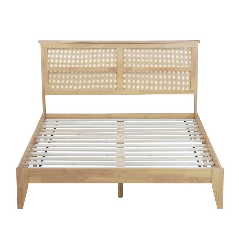 Spruce & Spring Queen Size Wood Platform Bed Frame with Rattan Headboard