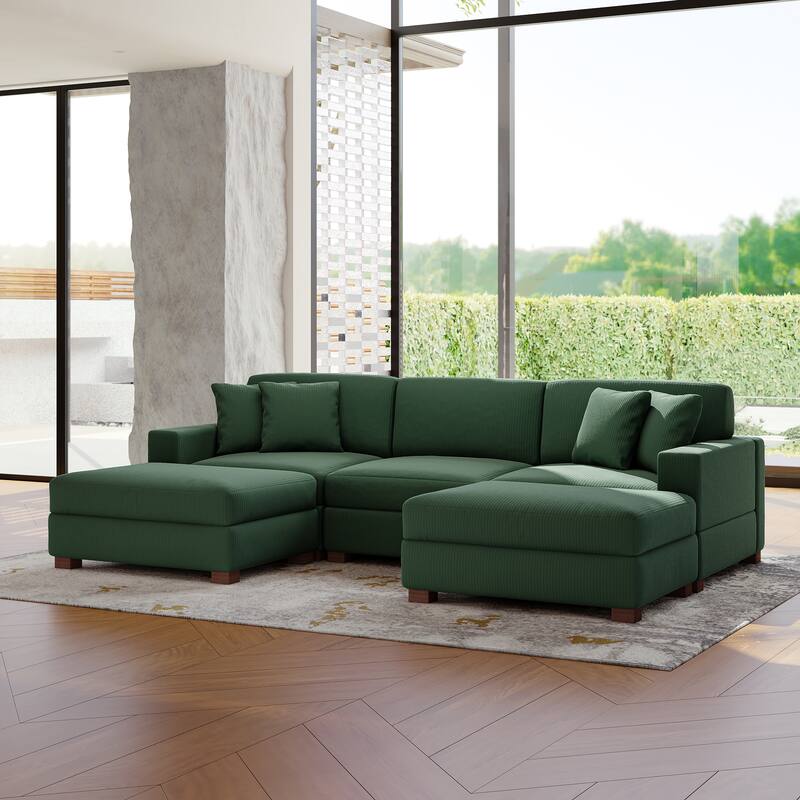 Modular Corduroy Sectional Sofa Set Chaise Couch with Ottoman - Hunter Green-5 Piece