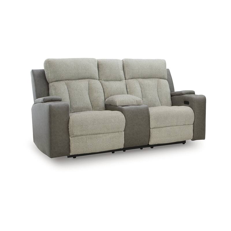 Signature Design by Ashley Stately Check Gray Power Reclining Loveseat with Console - 77"W x 42"D x 44"H