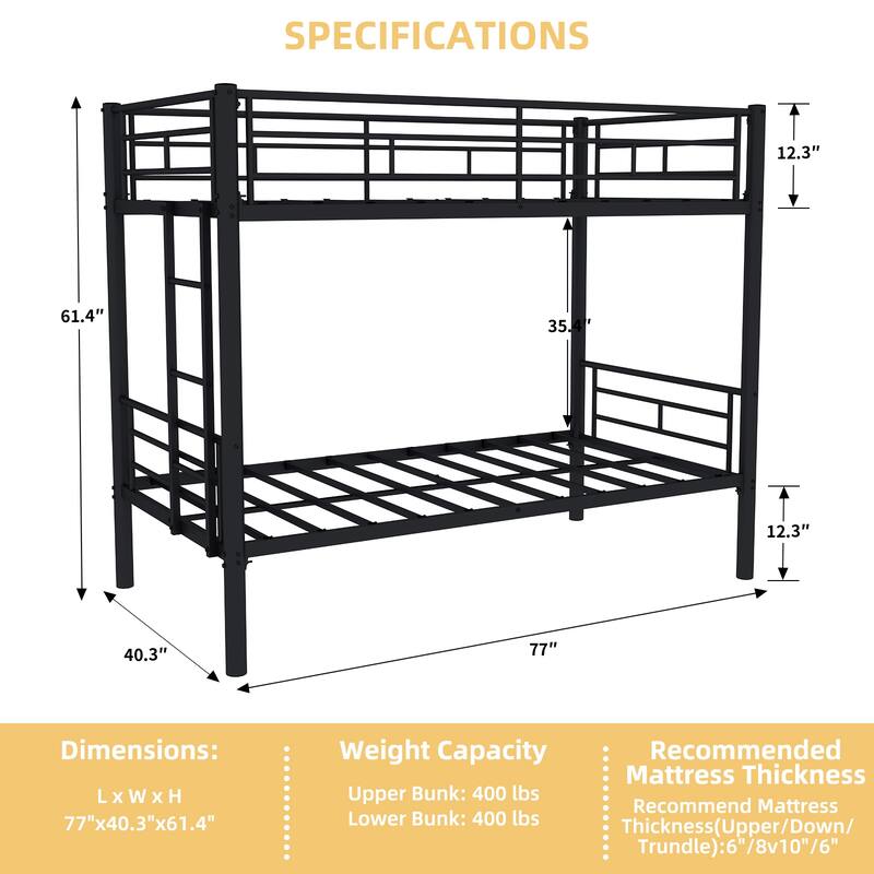 Twin Over Twin Metal Bunk Bed with Ladder and Guardrail, Convertible to 2 Separate Beds, No Box Spring Required