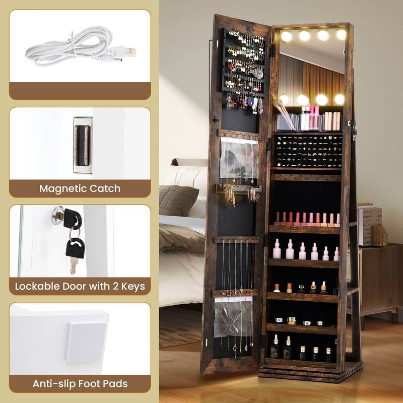 Costway 360° Swivel Jewelry Cabinet with Lighted Full Length Mirror & - See Details