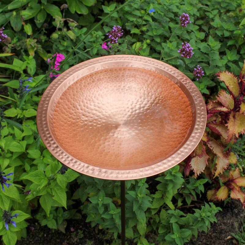 Achla Designs 39" H Round Satin Hammered Solid Copper Birdbath Bowl w/Roman Bronze Wrought Iron Rail Stake