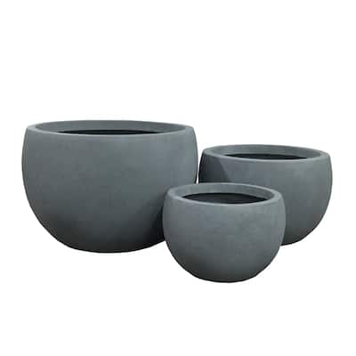 Kante Lightweight Concrete Outdoor Round Planter, Set of 3, 13", 10.5" and 8" Tall, Slate Gray