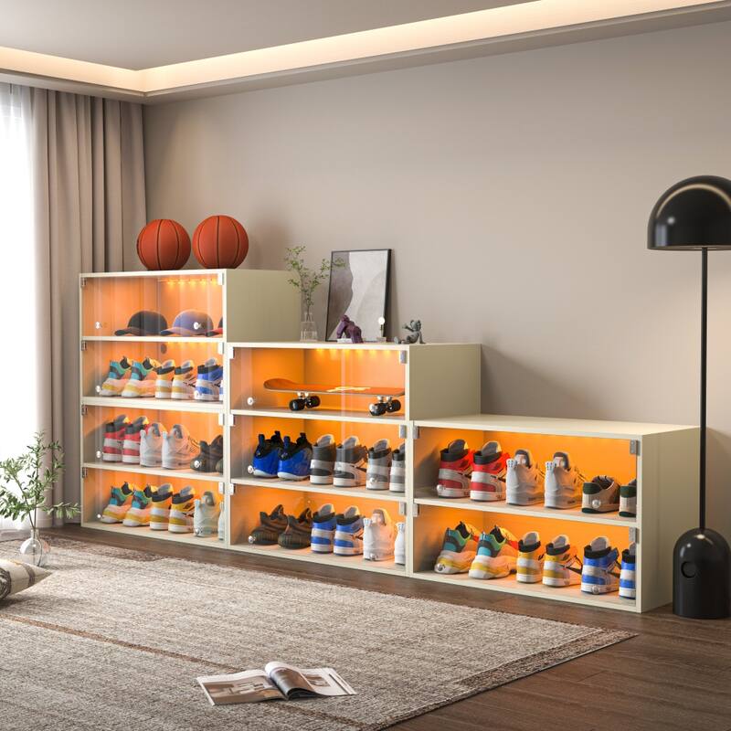Freestanding 31.1in.W 3-Layer LED Light Shoe Box with Glass Doors - 3-Tire