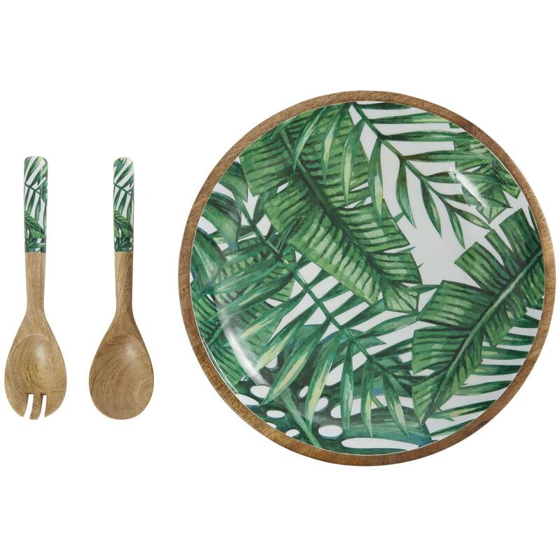 Mango Wood Handmade Decorative Bowl with Matching Salad Serving Utensils - Set of 3 Cream or Green - Roche River Decor