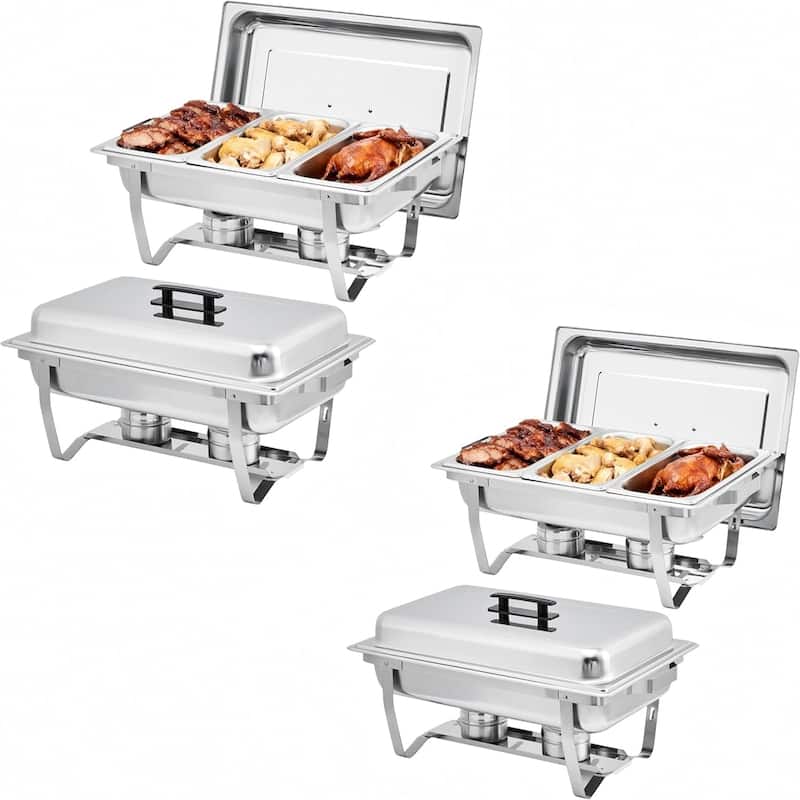 2-Pack Stainless Steel Buffet Server Set 3-Well Rectangular Chafing Dish - 4pcs