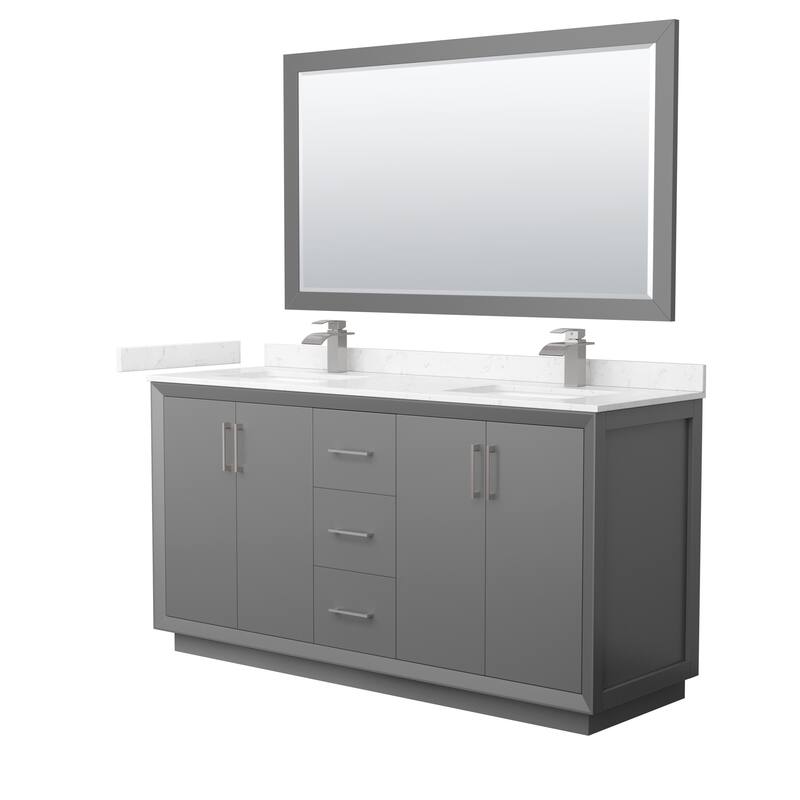 Strada 66-Inch Double Vanity Set, Cultured Marble Top, 58-Inch Mirror - Dark Gray, Nickel Trim,Carrara Cultured Marble Top