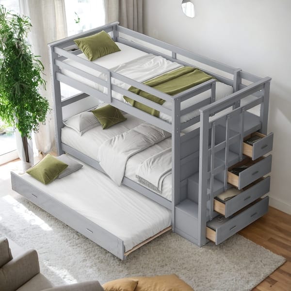 slide 2 of 18, Simple Twin Over Twin Bunk Bed With Trundle And Staircase,Storage Drawers