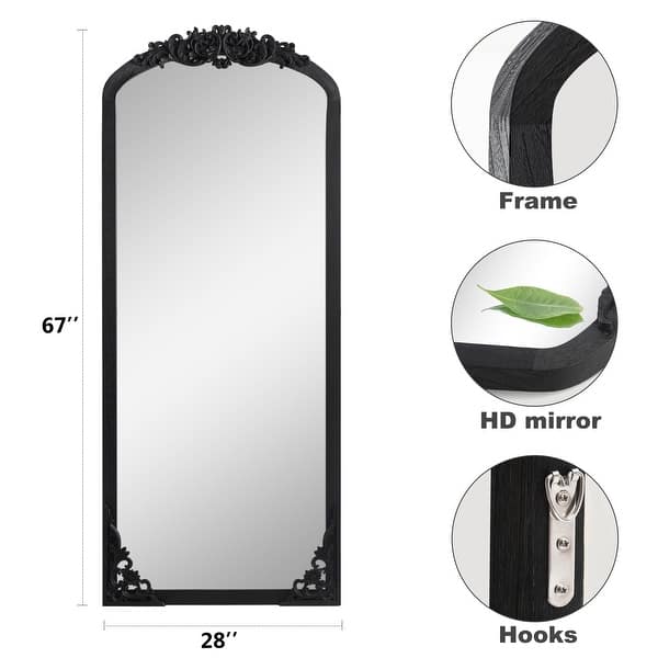 dimension image slide 2 of 13, Arched Full-Length Solid Wood Carving Floor Mirror