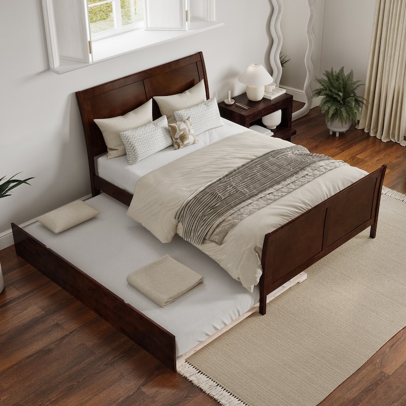 Full Platform Bed with Trundle - Coastal Craftsman Style - Walnut Finish - Home Bedroom Furniture