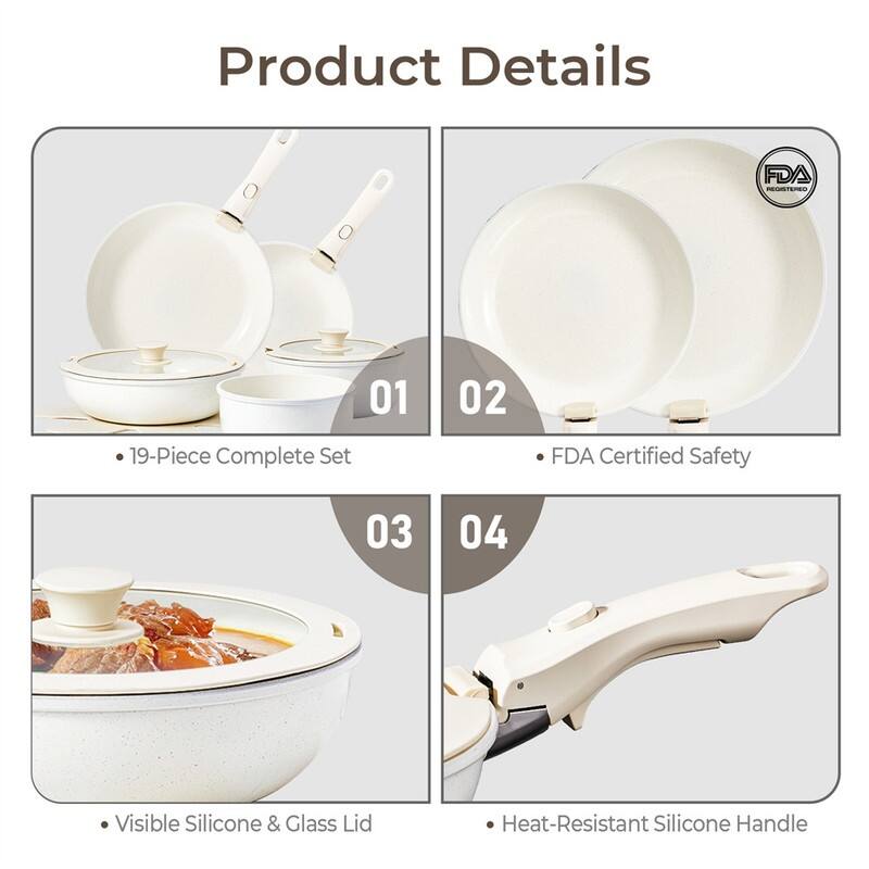 19 Pcs Nonstick Pots And Pans Set Cast Aluminum Cookware Set With Detachable Handles