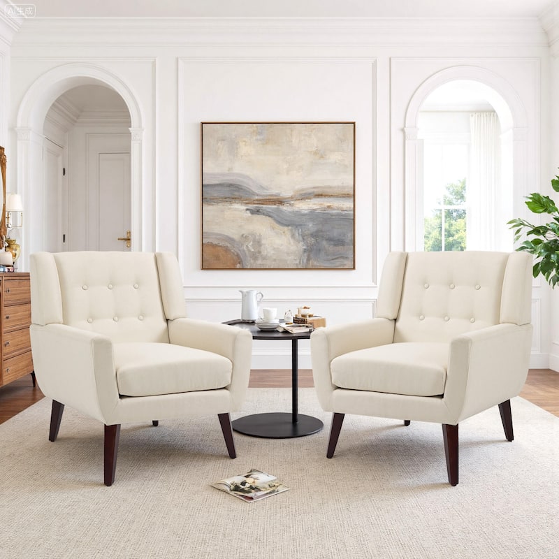 2 Set Modern Tufted Linen Upholstered Accent Chair Faux Leather Armchair
