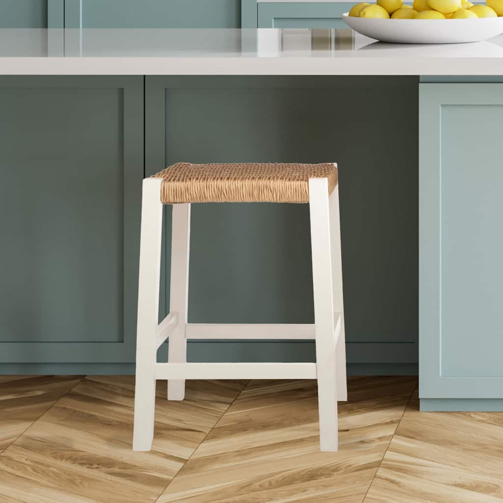 Newport 24"H Wood Counter Height Stool 24 with Handcrafted Woven Rope Seat, White