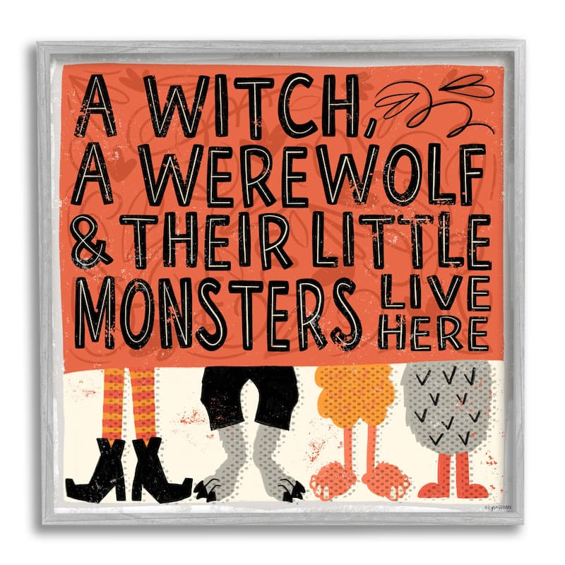 Stupell Witch Werewolf Little Monsters Live Here Halloween Family Framed Wall Art - Black - 17 x 17 - Grey