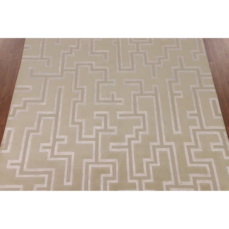 Geometric Nepalese Oriental Area Rug Handmade Wool Carpet Beige - 8'1" x 9'11"