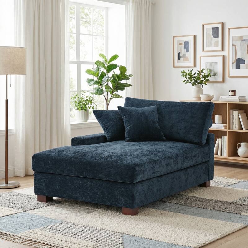 Oversized Chenille Modular Chaise Lounge With Deep Seat - Left facing - Blue