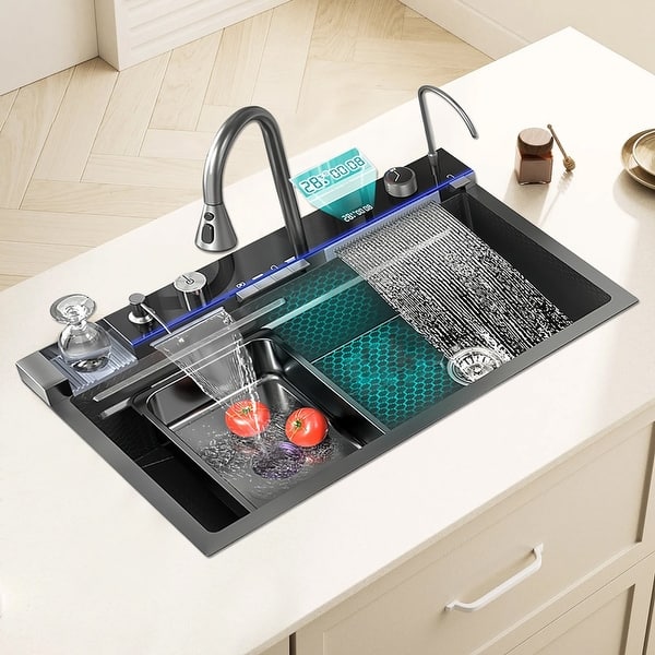 slide 2 of 7, Waterfall Kitchen Sink Single Bowl Stainless Steel with Digital Display - 29.5X18.1in 29.5X18.1in