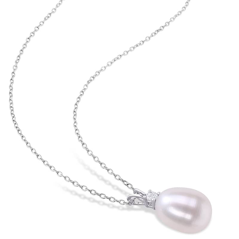Miadora Sterling Silver Rice Cultured FW Pearl and Created White Sapphire Drop Necklace (8-8.5mm)