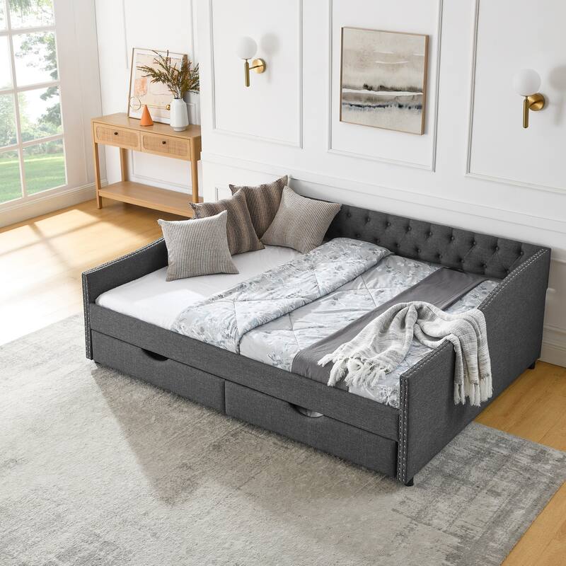 Roomfitters Twin/Full/Queen Upholstered Daybed with Tufted Backrest, Nailhead Trim and Underbed Storage Trundle