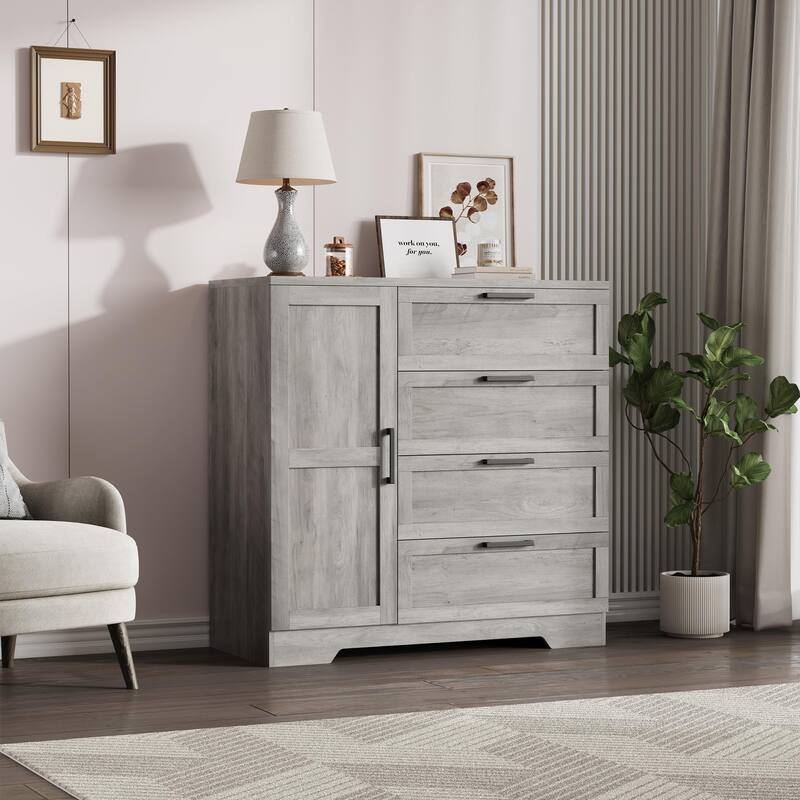 43.3'' Small Wardrobe Closet, Wardrobe Cabinet with Door, 4 Drawers and Handing Rod, Wooden Clothes Cabinet