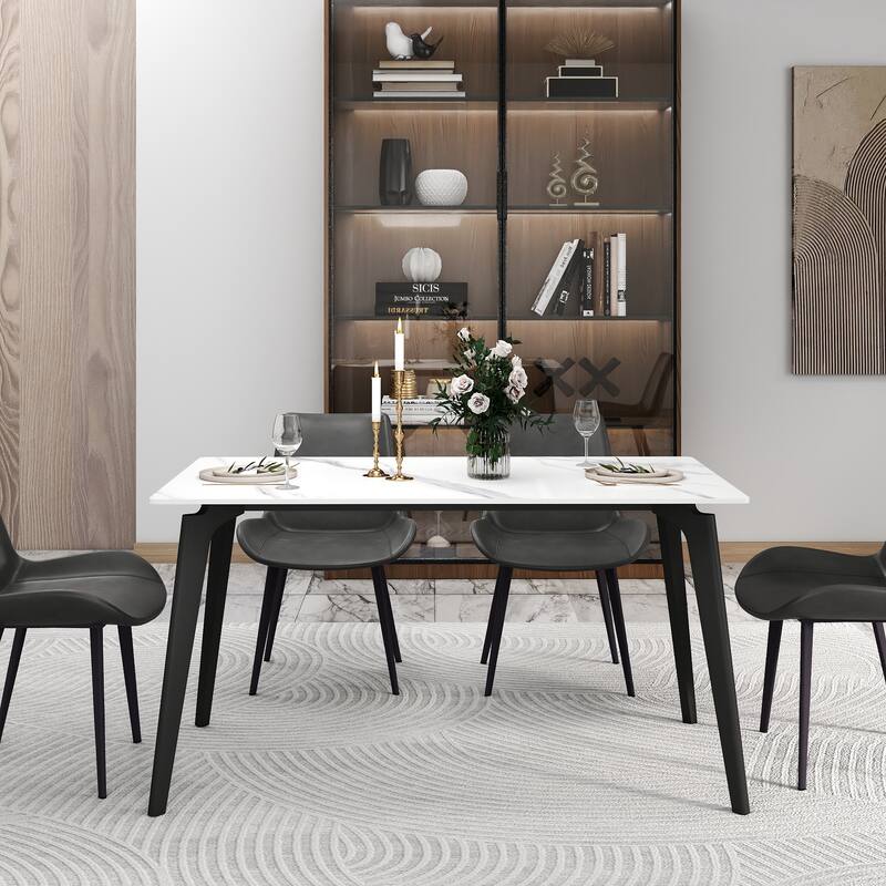 55 inch Dining Table for 4, Modern Sintered Stone Dining Room Table, Rectanglur Kitchen Table with Black Metal Legs