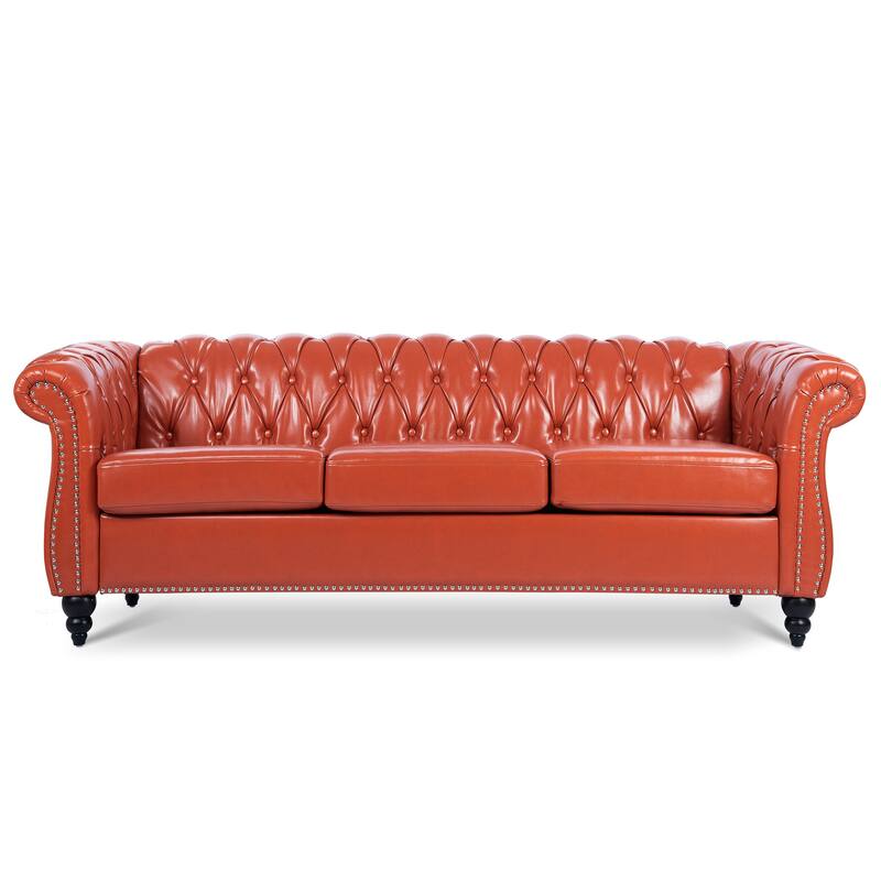 Chesterfield PU Leather 3 Seater Sofa, Button Tufted Deep Seat Sofa, Upholstered Sofa with Rolled Arms & Nailhead Trim