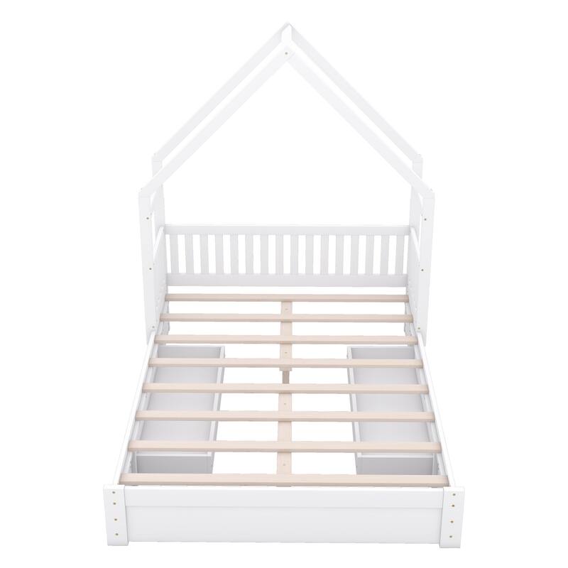 Queen House Bed with Safety Guardrail and Under-Bed Drawers for Storage - Ideal for Kids' Rooms, Small Space