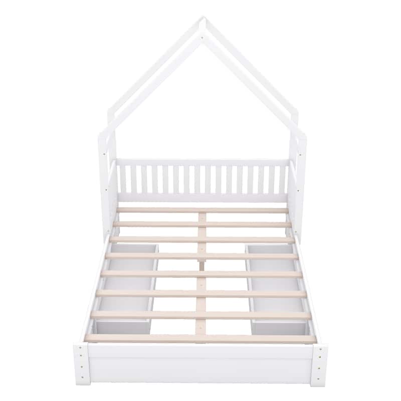 Wood Queen Size House Platform Bed with Guardrail and 2 Drawers