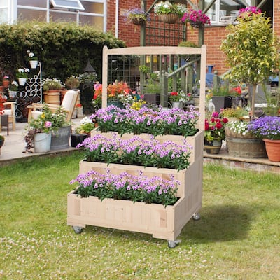 Outsunny 3-Tiers Wooden Raised Garden Bed with Wheels, Trellis, Back Storage Area, Easy Movable for Flowers, Herbs, Natural