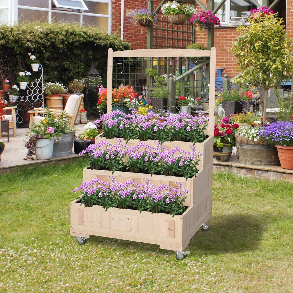 Outsunny 3-Tiers Wooden Raised Garden Bed with Wheels, Trellis, Back Storage Area, Easy Movable for Flowers, Herbs, Natural