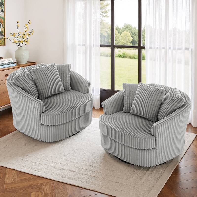 Oversized 43" W Plush Corduroy Slipcovered Swivel Barrel Chair with Pillows Set of 2