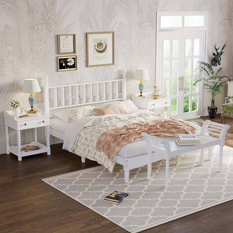 Retro Style Wooden Platform Bed Set