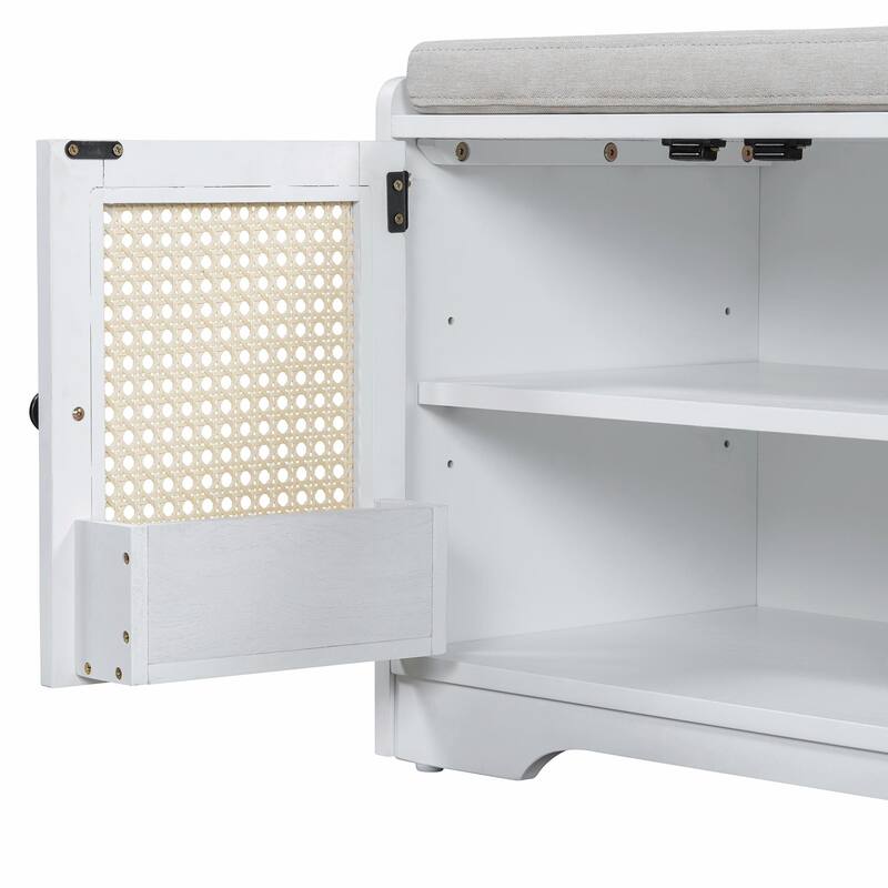 Rustic Storage Bench with Removable Cushion, Woven Rattan Doors & Adjustable Shelves